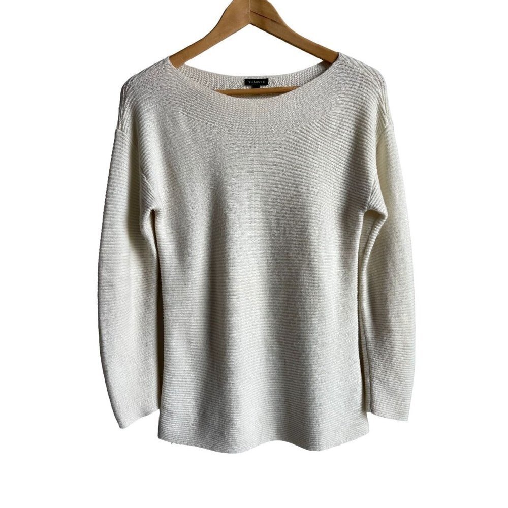 Talbots Women's Size XS White Ribbed Lambswool Blend Pullover Sweater Boat Neck